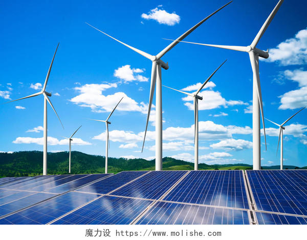 太阳能板光伏电池和风力发电机在自然景观中生产可再生绿色能源是友好产业清洁可持续发展理念新能源发电